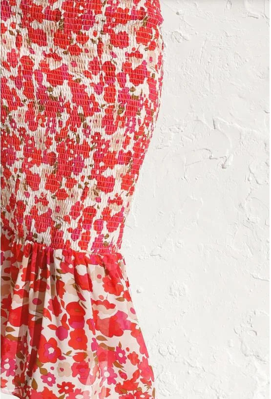 Midi Dress – Deep V-Neck – Balloon Sleeves – Ruffled Hem – Fitted Silhouette