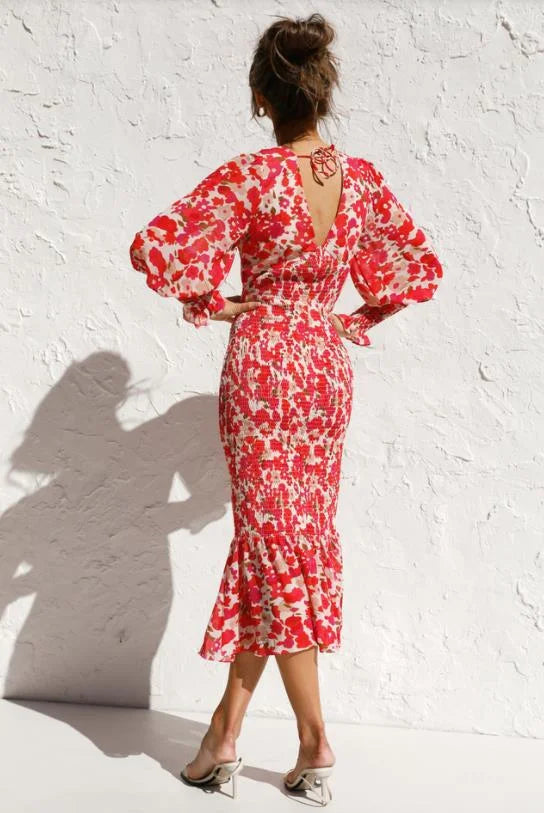 Midi Dress – Deep V-Neck – Balloon Sleeves – Ruffled Hem – Fitted Silhouette