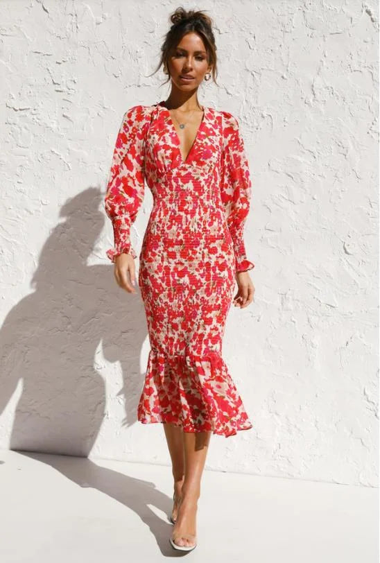 Midi Dress – Deep V-Neck – Balloon Sleeves – Ruffled Hem – Fitted Silhouette