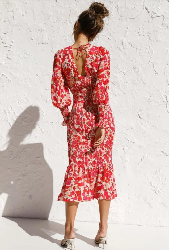 Midi Dress – Deep V-Neck – Balloon Sleeves – Ruffled Hem – Fitted Silhouette