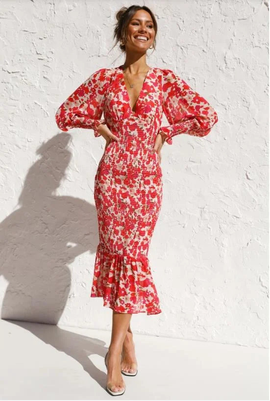 Midi Dress – Deep V-Neck – Balloon Sleeves – Ruffled Hem – Fitted Silhouette
