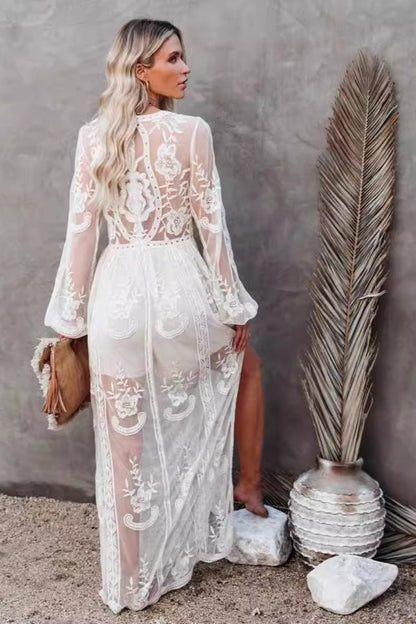  Long Dress – Lace Chiffon – V-Neck – Sheer Sleeves – High Slit – Formal Wear