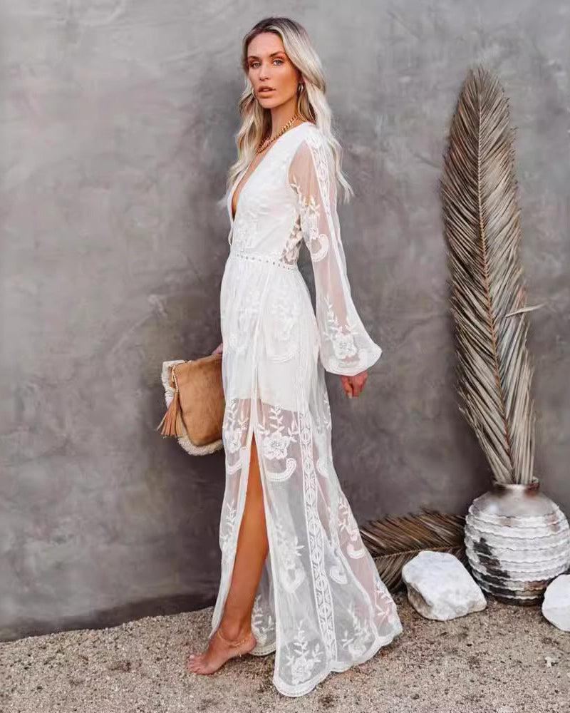  Long Dress – Lace Chiffon – V-Neck – Sheer Sleeves – High Slit – Formal Wear
