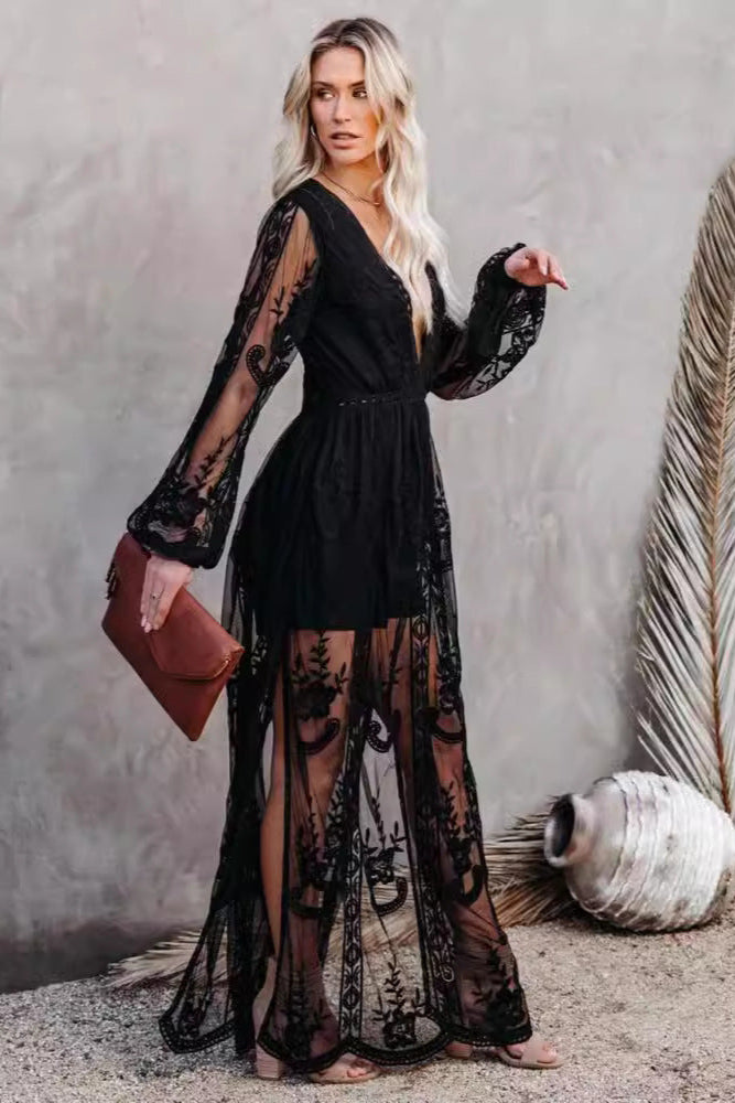  Long Dress – Lace Chiffon – V-Neck – Sheer Sleeves – High Slit – Formal Wear