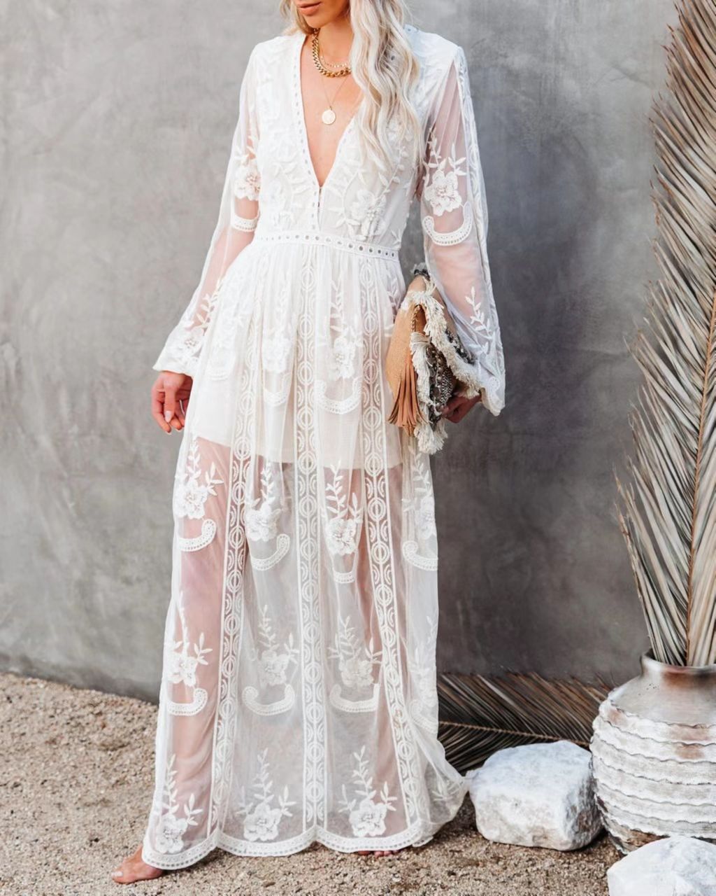  Long Dress – Lace Chiffon – V-Neck – Sheer Sleeves – High Slit – Formal Wear