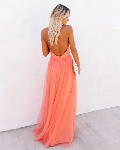  Long Dress – V-Neck – Chiffon Feel – Spaghetti Straps – Flowing Fit