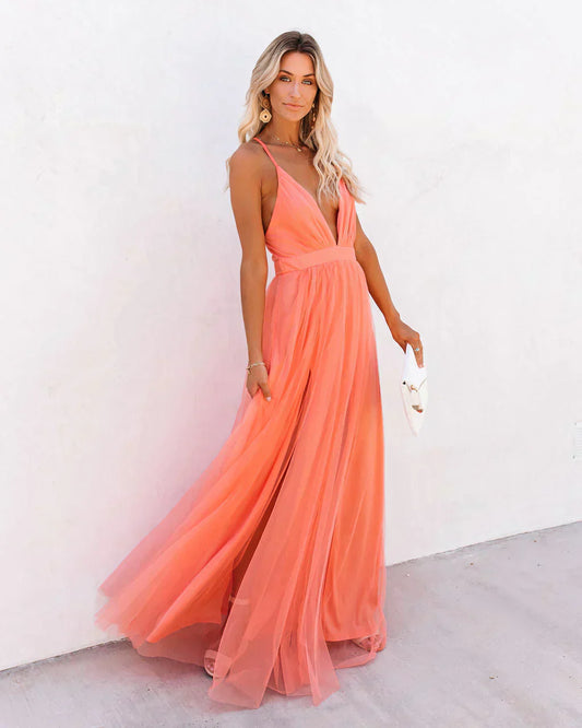  Long Dress – V-Neck – Chiffon Feel – Spaghetti Straps – Flowing Fit