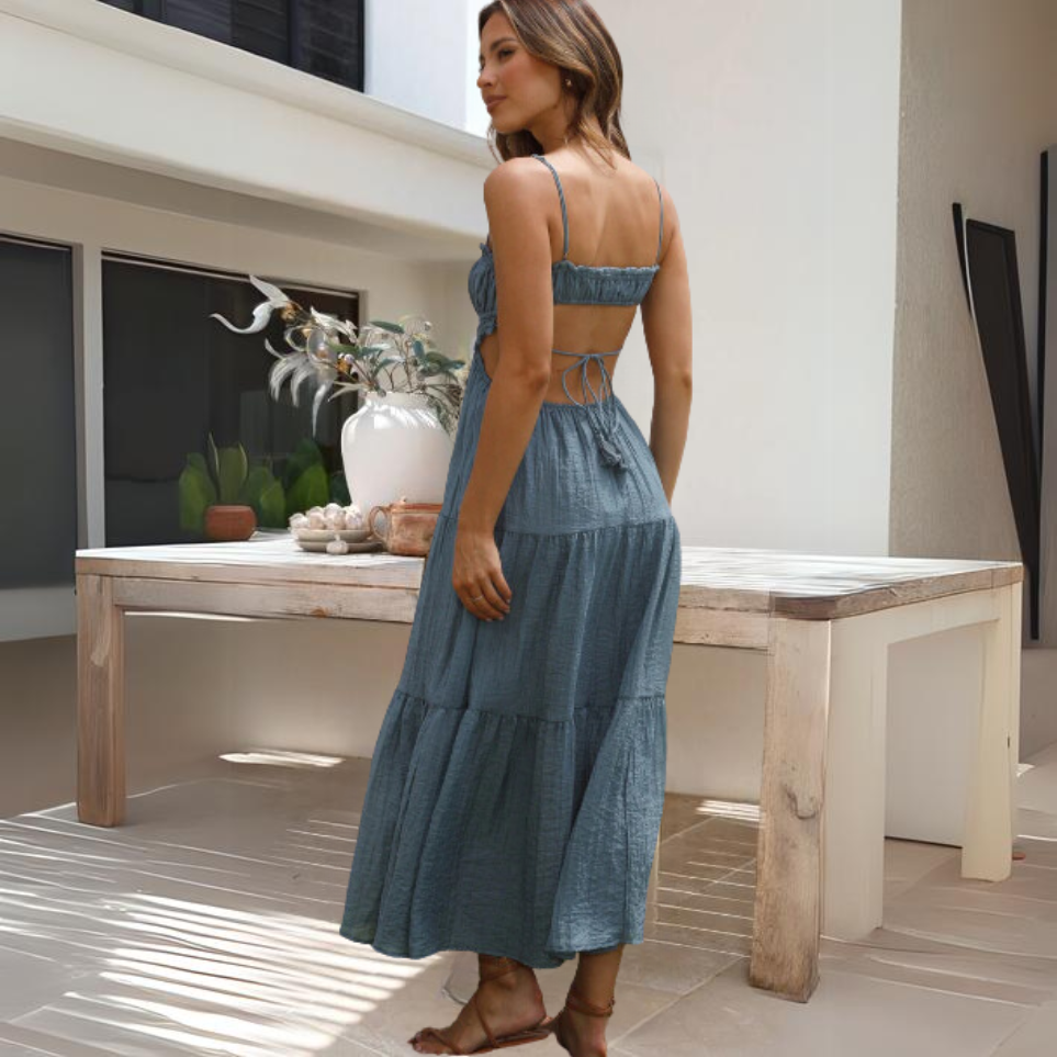 Women's Maxi Dress - Adjustable Spaghetti Straps - Sweetheart Neckline - Tiered Flowy Fit