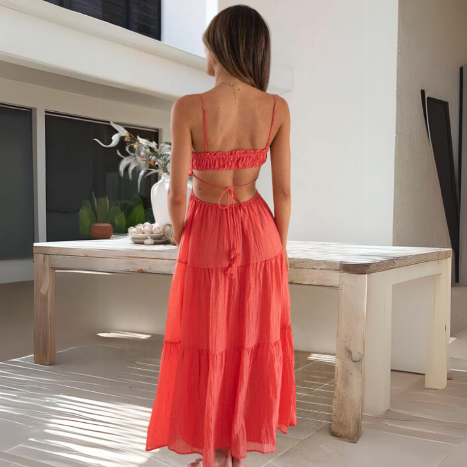 Women's Maxi Dress - Adjustable Spaghetti Straps - Sweetheart Neckline - Tiered Flowy Fit