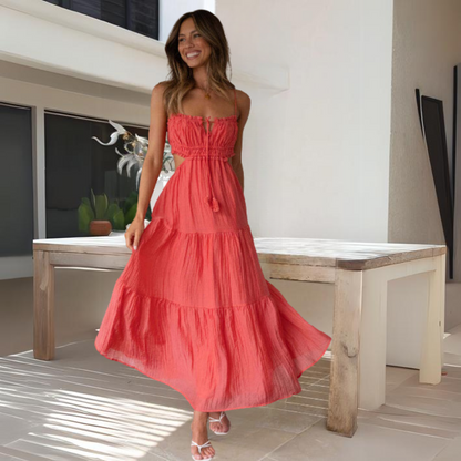 Women's Maxi Dress - Adjustable Spaghetti Straps - Sweetheart Neckline - Tiered Flowy Fit