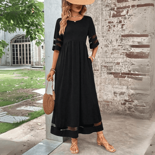Women’s Maxi Dress – Flowing Fit – Empire Waist – Lace Sleeve Detail – Ankle Length