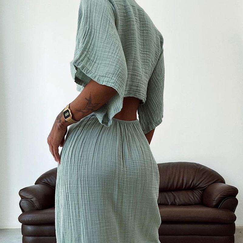 Women’s Maxi Dress – Slim Fit – V-Neck – Waist Cut-Out – Open Back – Draped Sleeves