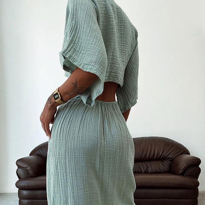 Women’s Maxi Dress – Slim Fit – V-Neck – Waist Cut-Out – Open Back – Draped Sleeves
