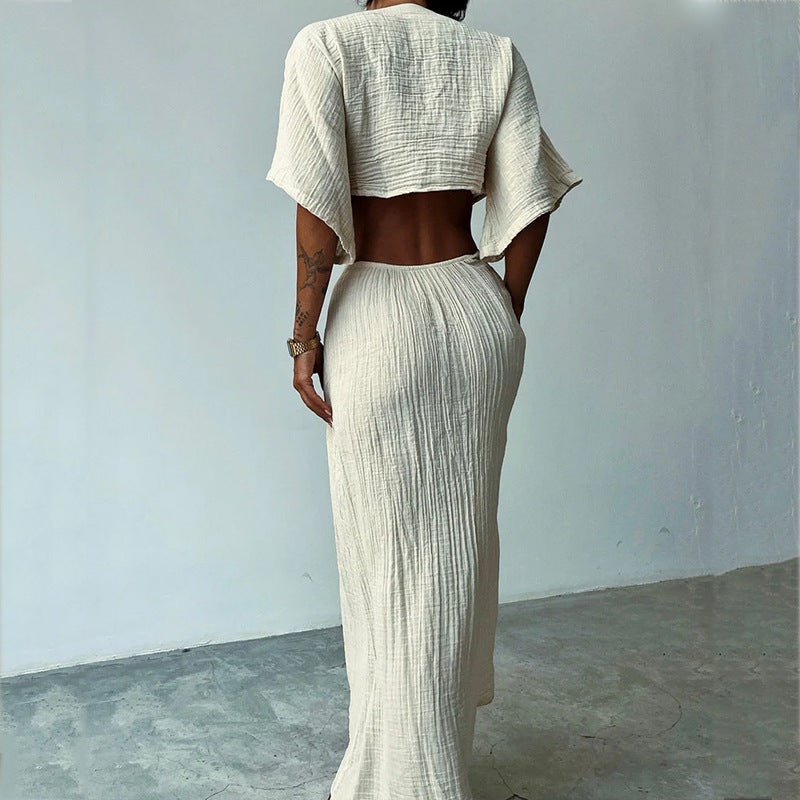 Women’s Maxi Dress – Slim Fit – V-Neck – Waist Cut-Out – Open Back – Draped Sleeves