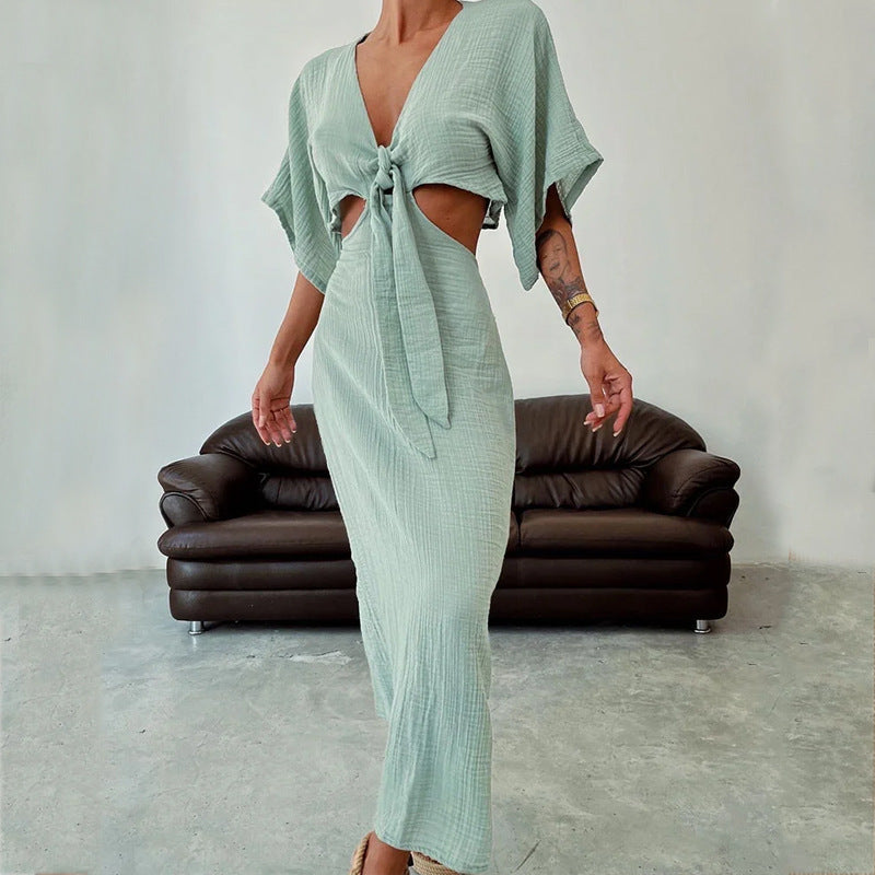 Women’s Maxi Dress – Slim Fit – V-Neck – Waist Cut-Out – Open Back – Draped Sleeves