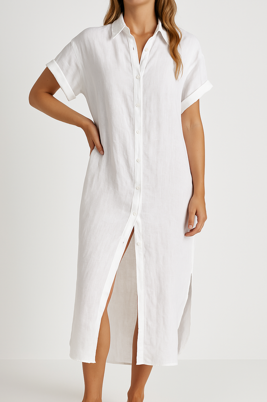 Women’s Shirt Dress – Button Down – Short Sleeve – Lightweight – Collared – Front Slit